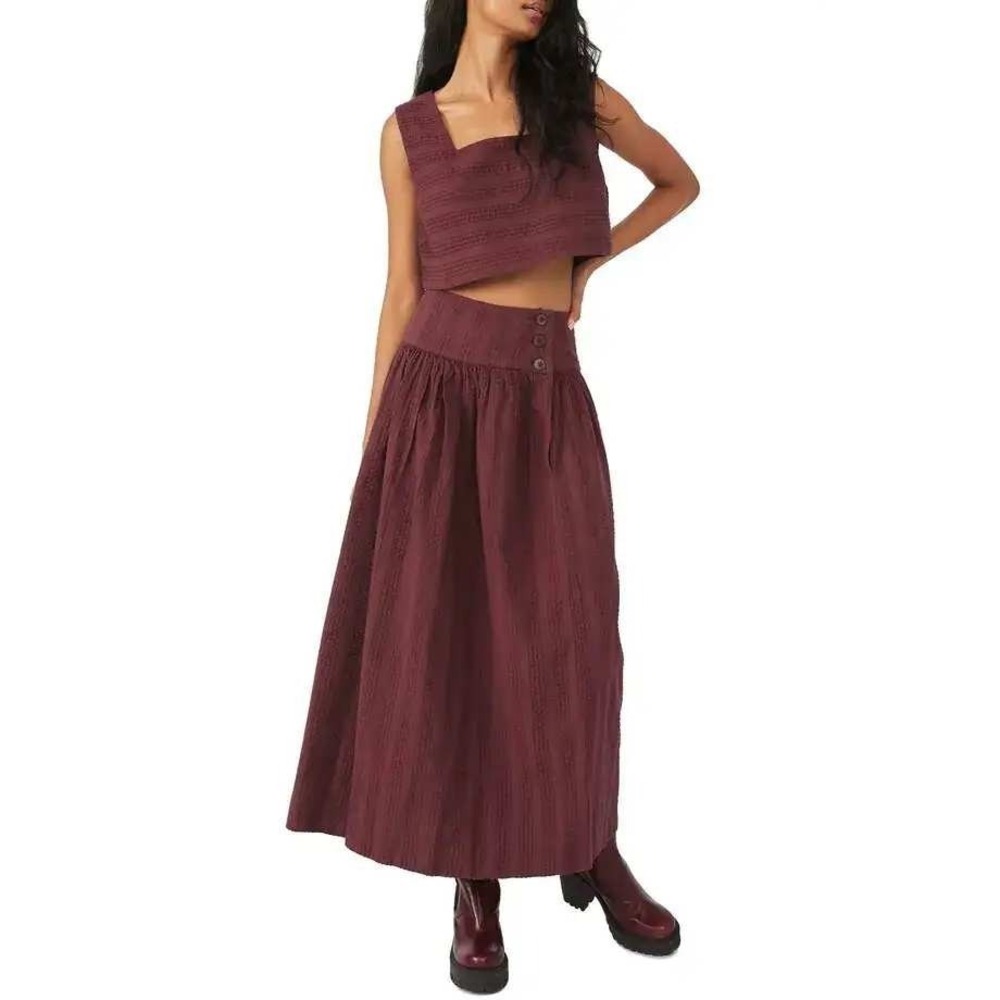 Free People Sweet Two Piece Maxi‎ Skirt and Crop Top Set Burgundy SZ Large NWT